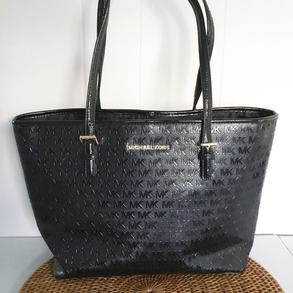 Michael Kors Black Shoulder Bag Purse Embossed Monogram Tote - Picture 2 of 8